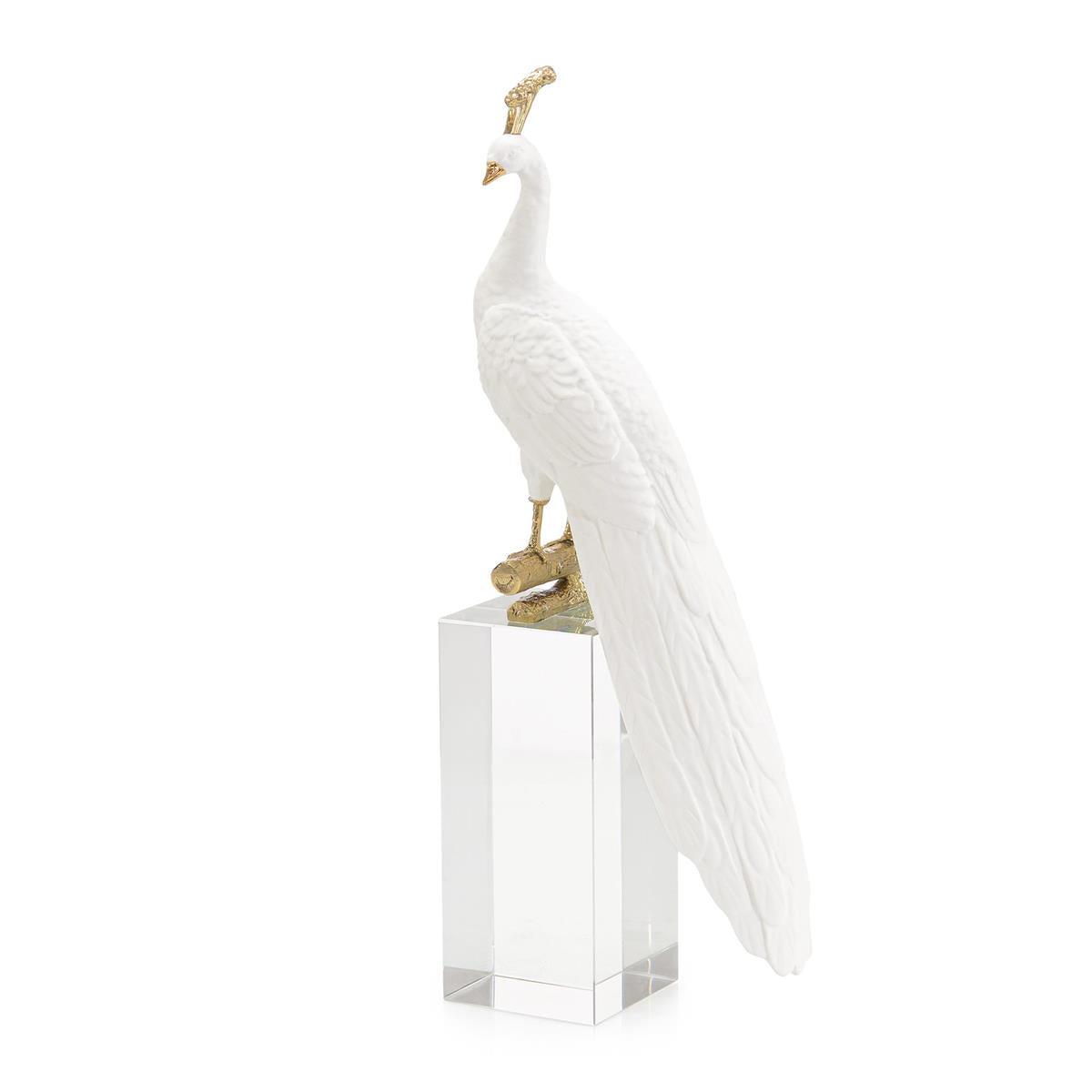 White Peacock Sculpture on Crystal Base-John Richard-Sculptures & Objects-Artistic Elements
