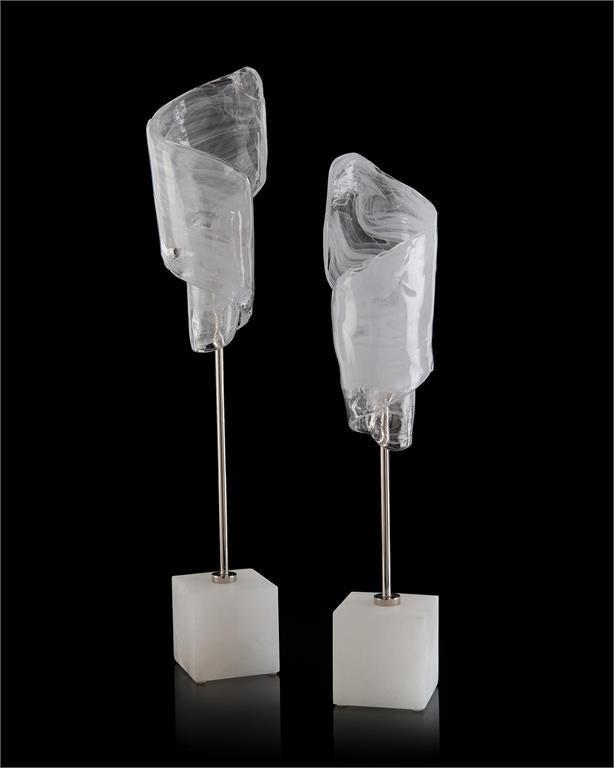 Set of Two Clear and White Glass Curls-John Richard-Sculptures &amp; Objects-Artistic Elements